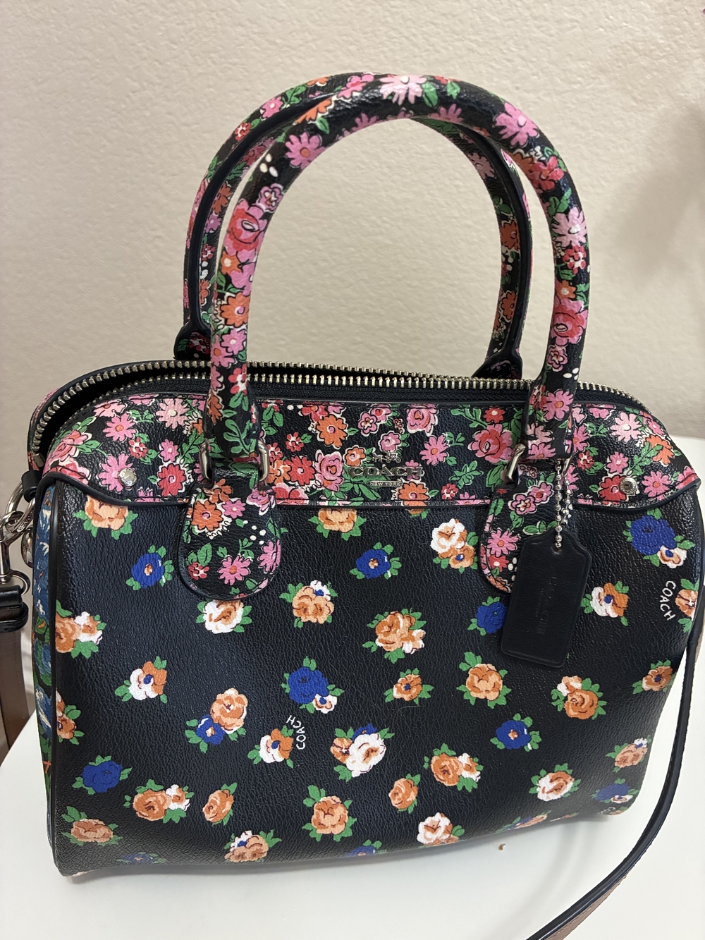 Coach Floral Small Satchel Handbag in Black and Pink